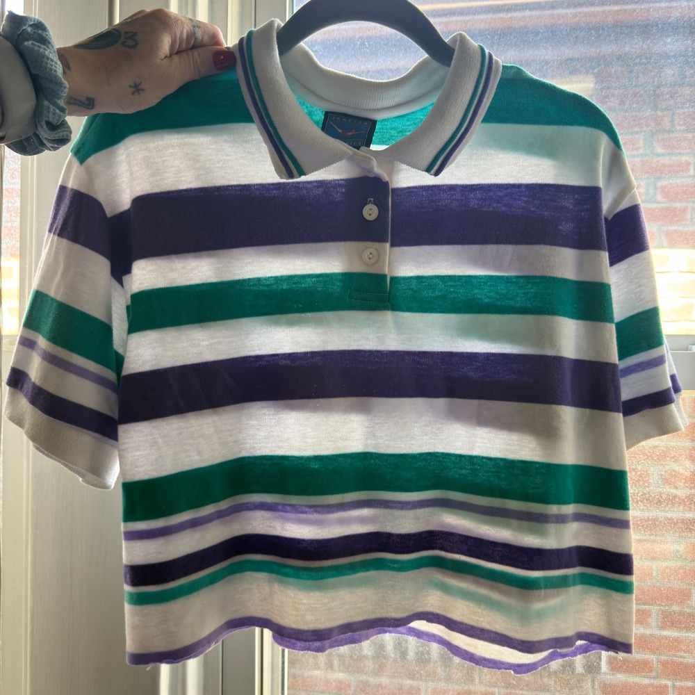 Vintage Jantzen Striped Cropped Polo Shirt Teal Purple 90s Retro L